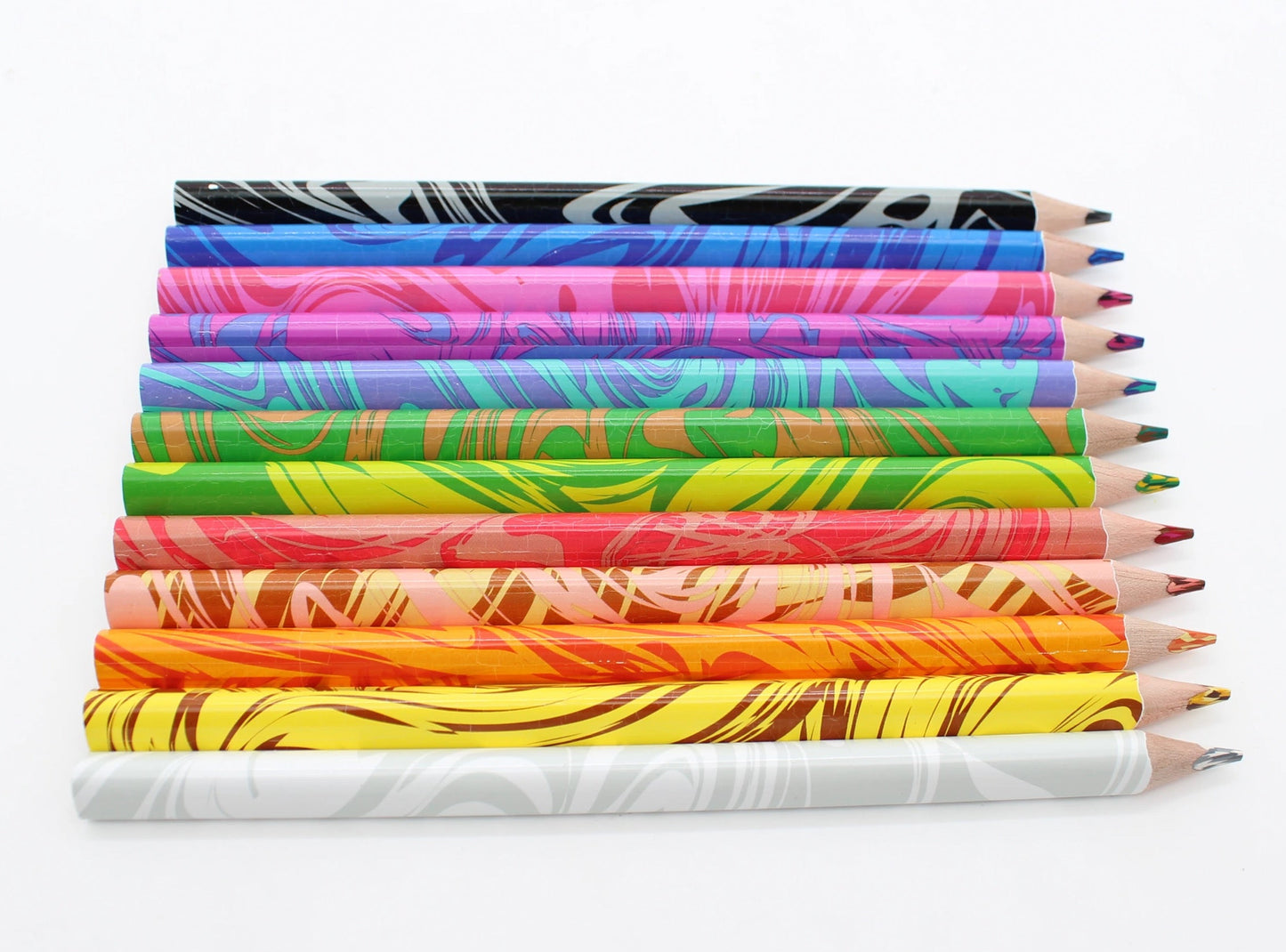 Stack of 12 colorful pencils with marbled designs on a white background